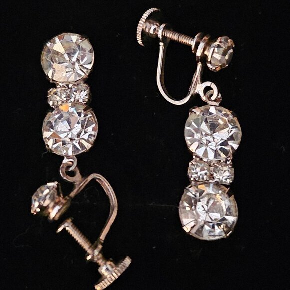 ART DECO STYLE VINTAGE 5 STONE RHINESTONE DROP EARRINGS with SCREW BACK CLOSURE - Picture 2 of 13